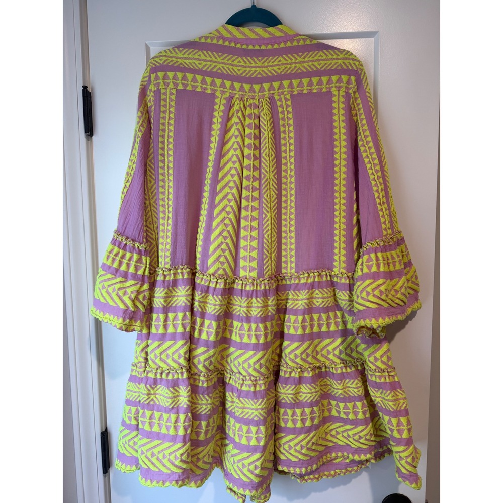 Devotion Twins Ella Pink Neon Yellow Geometric Jacquard Tiered Mini Dress Large - Picture 4 of 4